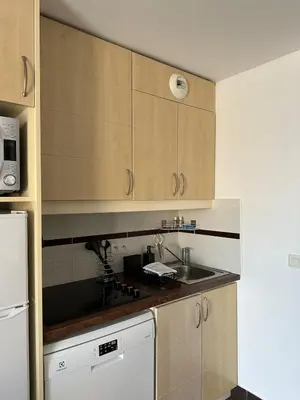 a kitchen with wooden cabinets and a sink at Sisley 068 - F2 et magnifique vue mer in Cannes