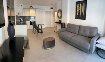 a living room with a couch and a table at BEAUTIFUL 1 - BR APARTMENT - Next To Rue Antibes in Cannes