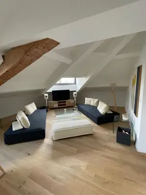 a attic living room with two couches and a tv at Beautiful modern apartment in Cannes in Cannes