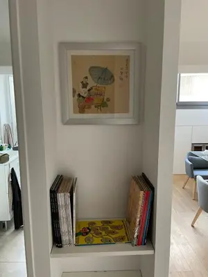 a book shelf with books and a picture on the wall at Beautiful modern apartment in Cannes in Cannes