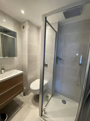 a bathroom with a shower and a toilet and a sink at Cannes centre-ville - Face mer 3 pièces avec terrasse in Cannes