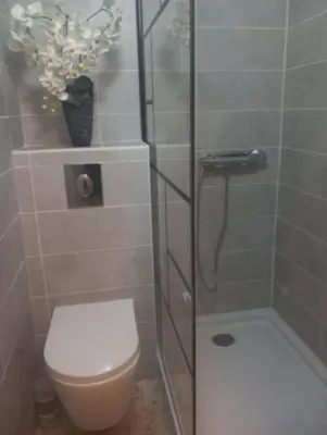 a bathroom with a shower with a toilet and a sink at Jo Malone in Cannes