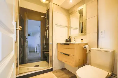 a small bathroom with a toilet and a shower at Le Cannes Beach 799 - terrasse vue mer panoramique in Cannes
