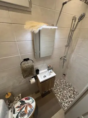 a bathroom with a shower and a toilet and a sink at Cosy Apartment in Cannes, AC, WiFi, 15min Palais in Cannes
