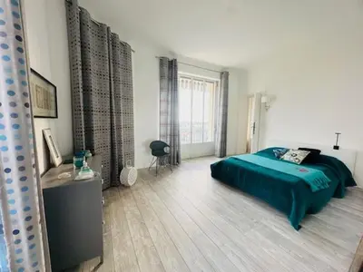 a bedroom with a bed with a green comforter at Appartement Roi Albert in Cannes