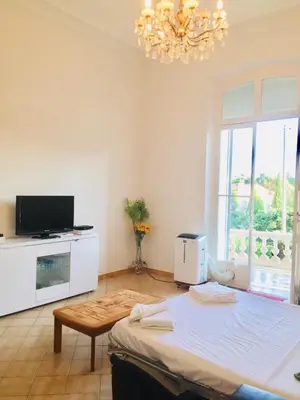 a bedroom with a bed and a tv and a table at Winter Palace in Cannes
