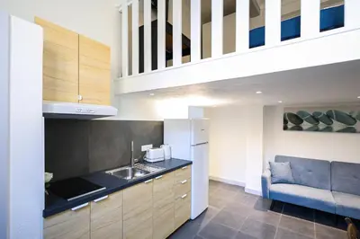 a kitchen with a sink and a couch in a room at Cannes Sun, appart'hôtels in Cannes