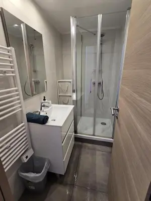 a bathroom with a shower and a white sink at Superbe Appartement Familial in Cannes