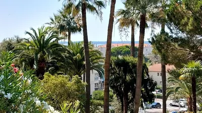 a group of palm trees and a street with a building at L'Alexandra - 4 pers - Parking - Aperçu mer in Cannes