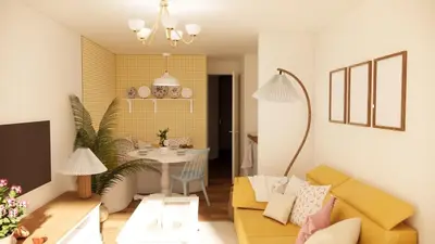 a living room with a yellow couch and a table at Vue mer imprenable, piscine à débordement - Cannes in Cannes