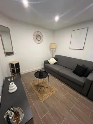 a living room with a couch and a table at Palais des festivals Studio meublé in Cannes