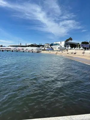 a body of water with a beach and buildings at Palais des festivals Studio meublé in Cannes
