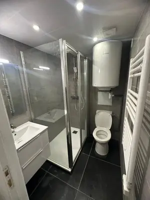 a bathroom with a shower and a toilet and a sink at Palais des festivals Studio meublé in Cannes