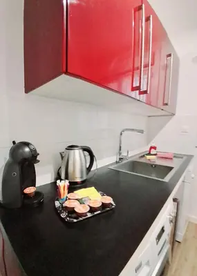 a kitchen counter with a sink and a plate of food at 4 - Person Apartment with Sea View terrace in Cannes