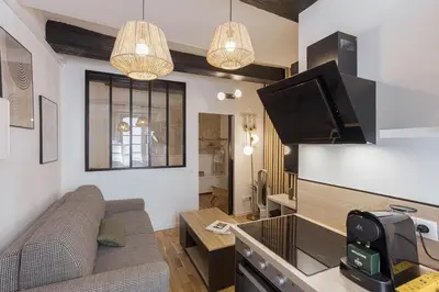 a living room with a couch and a tv in a room at Charme du Suquet - 12mn du Palais&Plage, cosy, neuf in Cannes