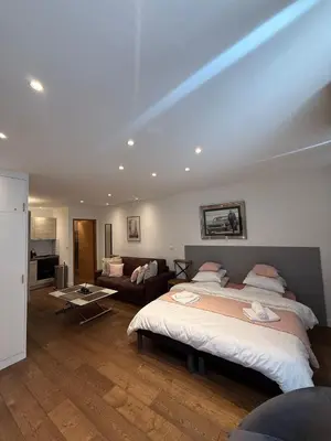 a bedroom with a large bed and a living room at Verginia in Cannes
