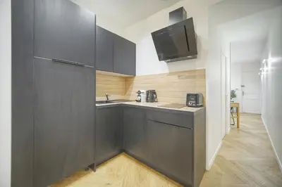 a kitchen with black cabinets and a sink at Charmant 2 pièces -square MISTRAL -proche Plages DU MIDI A1B266 in Cannes