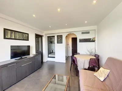 a living room with a couch and a tv and a table at 1-bedroom beachfront apartment with sea view in Cannes