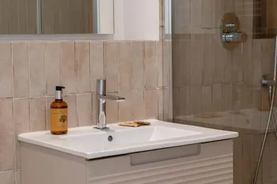 a bathroom sink with a bottle of soap on it at Studio with Terrace 2 Minutes from La Croisette in Cannes