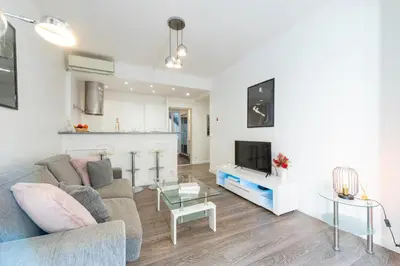 a living room with a couch and a tv at 1-Br Apartment in Cannes Walk to the Beach in Cannes