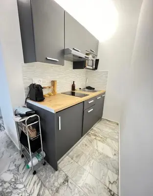 a small kitchen with a sink and a counter at Studio meublé, les tambourins in Cannes