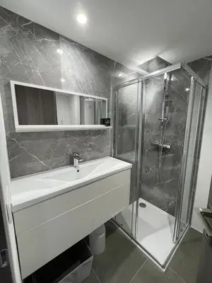 a bathroom with a sink and a shower at Perfect studio in Cannes in Cannes