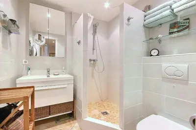 a bathroom with a shower and a toilet and a sink at magnifique 2 pièces parc de la croisette in Cannes