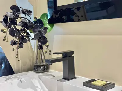 a bathroom sink with a vase with a plant on it at 1-bedroom apartment with balcony and sea view on La Croisette in Cannes