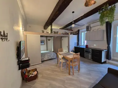 a kitchen and living room with a table and chairs at Meynadier 66 - Appartement Très Calme avec Cour Privative, Plage, Gare, Palais à 300m in Cannes