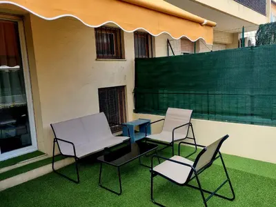 two chairs and a table on a patio at Studio with a 20sqm terrace 10min from la Croisette in Cannes