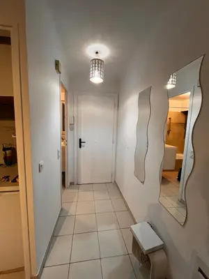 a hallway with a white door and a mirror at Large Studio in Cannes near la Croisette and beach in Cannes