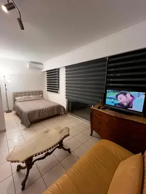 a living room with a bed and a flat screen tv at Large Studio in Cannes near la Croisette and beach in Cannes