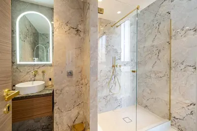 a bathroom with a shower and a sink at REF 1981 - Cannes sea view apartment Cannes Palm Beach in Cannes