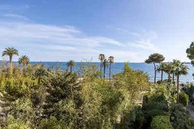 a view of the beach with palm trees and the ocean at REF 1981 - Cannes sea view apartment Cannes Palm Beach in Cannes