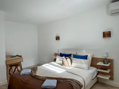 a bedroom with a large bed with blue pillows at Grand appartement rénové - Jardin et Parking - CZ in Cannes