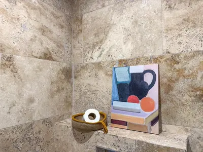 a painting of a chair on a shelf in a bathroom at Bel appartement rénové - Jardin et Parking - DA in Cannes