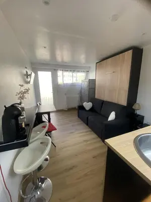 a living room with a black couch and a sink at Studio cosy Cannes à 250 m de la plage, pointe Croisette in Cannes