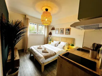 a bedroom with a bed and a potted plant at Golden Beach Studio Cannes in Cannes
