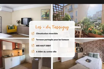 a collage of photos of a apartment with a flyer at Le Tassigny #Central #Quiet #Air conditioning #Wifi in Cannes