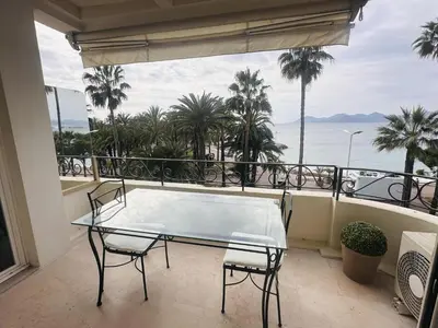 a table and chairs on a balcony with a view of the ocean at One bedroom apartment with a sea view right by the Croisette beaches and the center of Cannes. - 2287 in Cannes