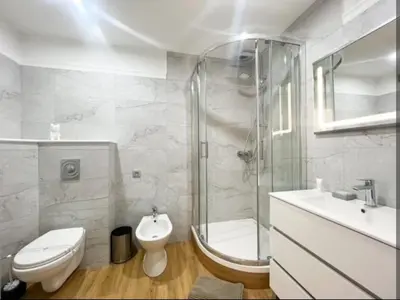 a bathroom with a toilet and a shower and a sink at Appartement, proche du palais des festivals, plage et commerces in Cannes