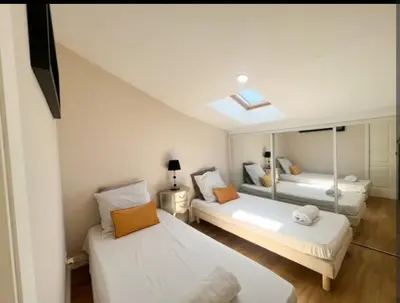 a bedroom with two beds and a mirror at Appartement, proche du palais des festivals, plage et commerces in Cannes