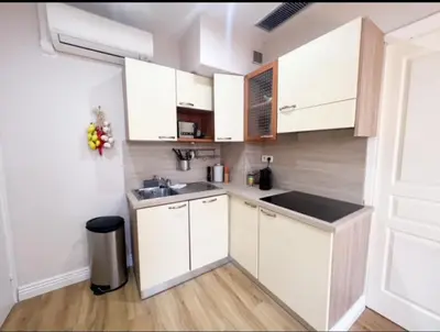 a small kitchen with white cabinets and a sink at Appartement, proche du palais des festivals, plage et commerces in Cannes
