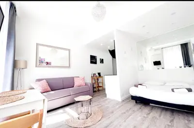 a living room with a couch and a bed at Studio moderne et calme en plein centre in Cannes