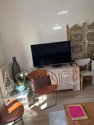 a living room with a flat screen tv and chairs at Cannes centre avec parking et jardin in Cannes