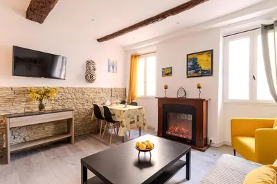 a living room with a fireplace and a tv at Comfortable apartment in the heart of Suquet in Cannes