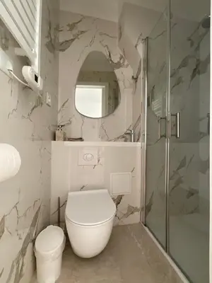 a white bathroom with a toilet and a shower at Newly renovated 3-rooms apartment in the heart of old Cannes, up to 6 persons in Cannes