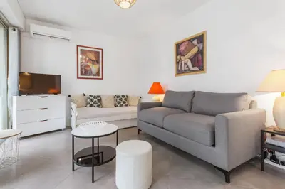 a living room with a couch and a tv at Le Vendôme - Hypercentre - AC - Terrace - Palais of Festivals - Croisette in Cannes