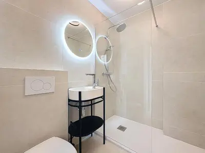 a bathroom with a shower and a sink and a toilet at 2 pièces vue mer, piscine, à 2 pas des plages in Cannes