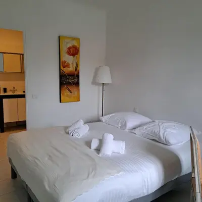 a white bed with towels on it in a bedroom at Appartement Spacieux dans une résidence Haut Standing in Cannes